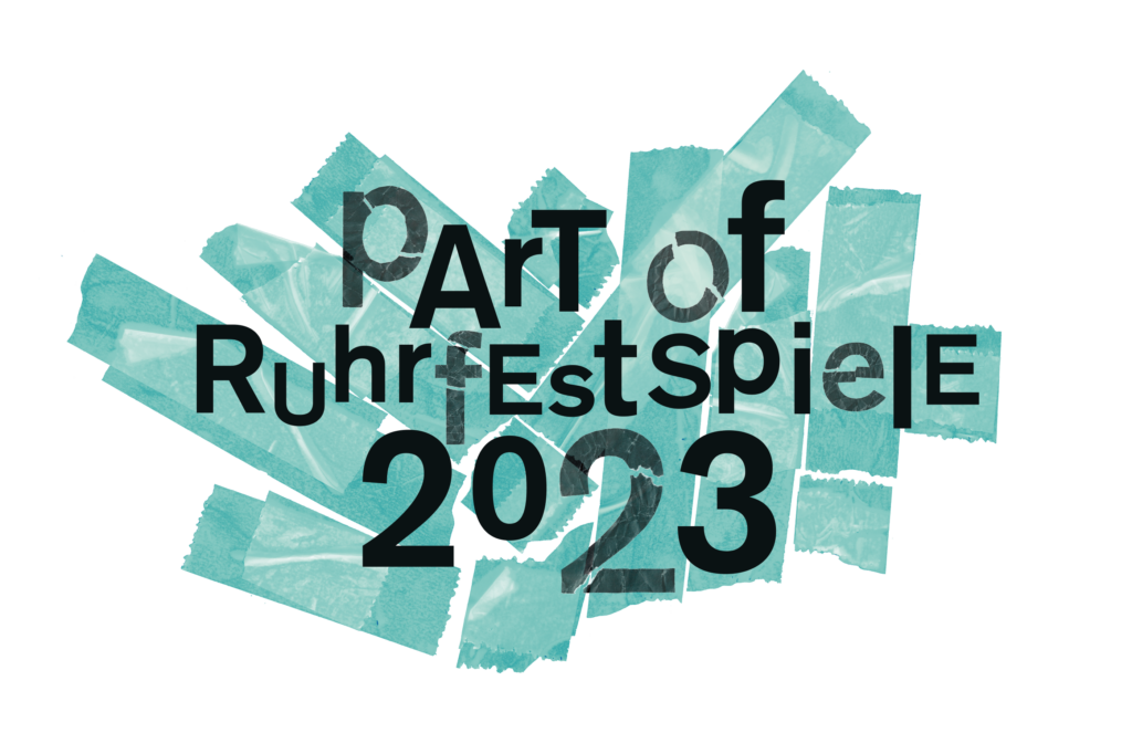 Collage der Ruhrfestspiele, viele türkise Klebebänder übereinander. Darüber der Text "part of Ruhrfestspiele 2023"